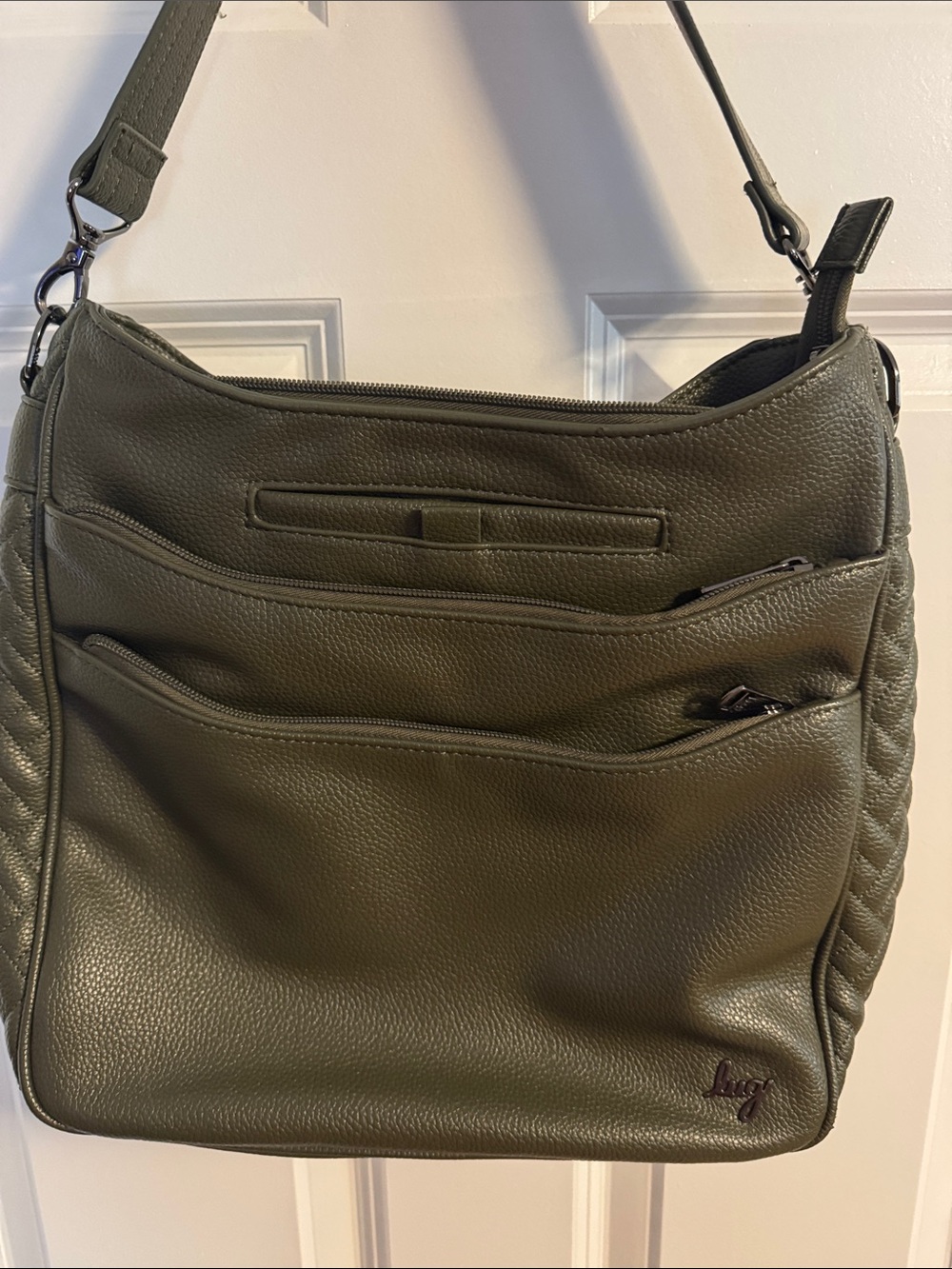 Lug Olive Green Shoulder Bag with Multiple Front Zips